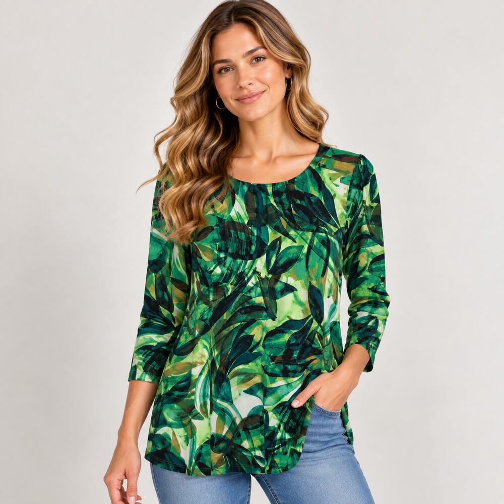 Susan Graver Liquid Knit Blouse Womens Size M Green Leaves Office Casual Cottage